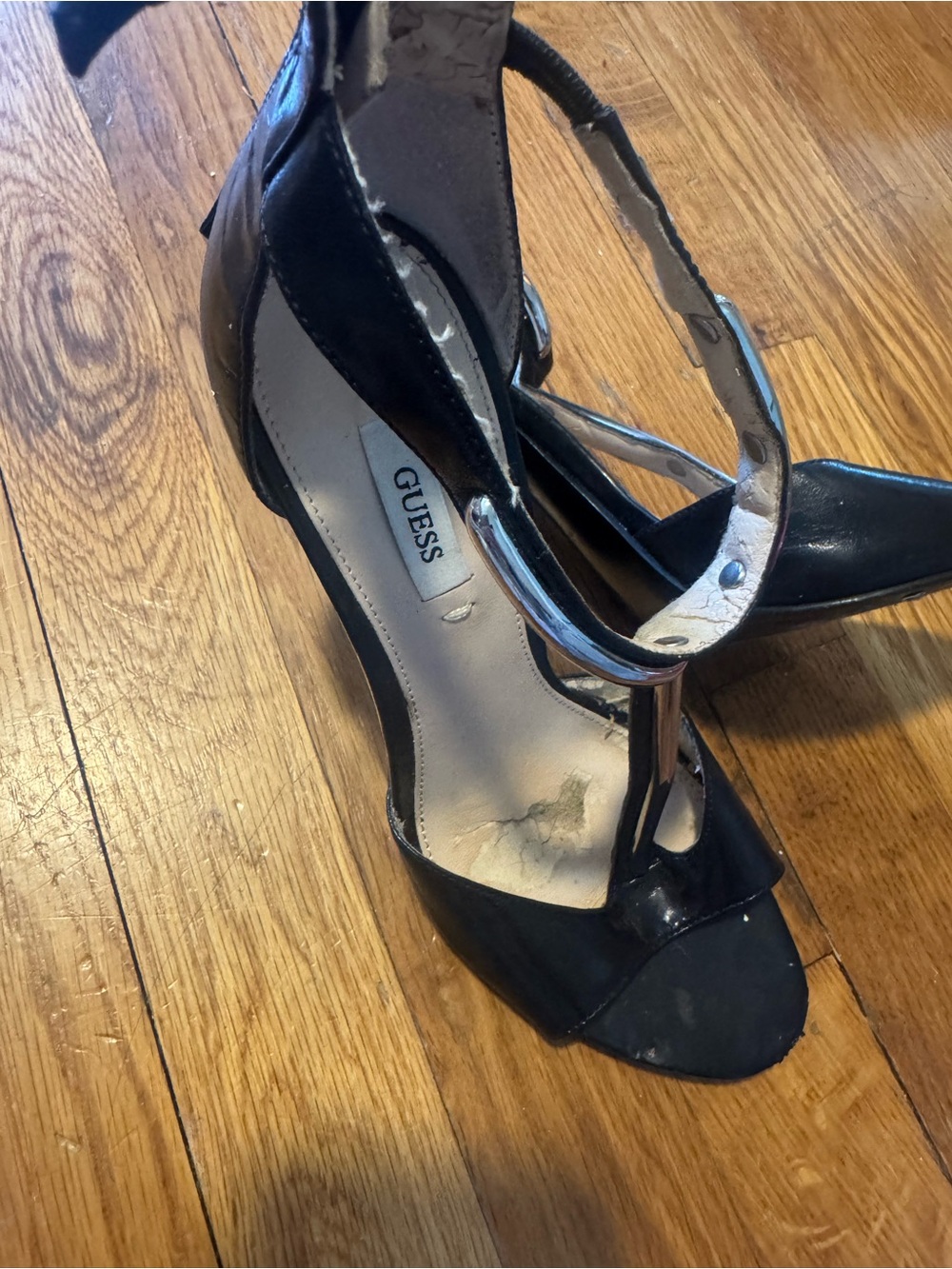 GUESS Black Patent T-Strap Heels with Silver Accent